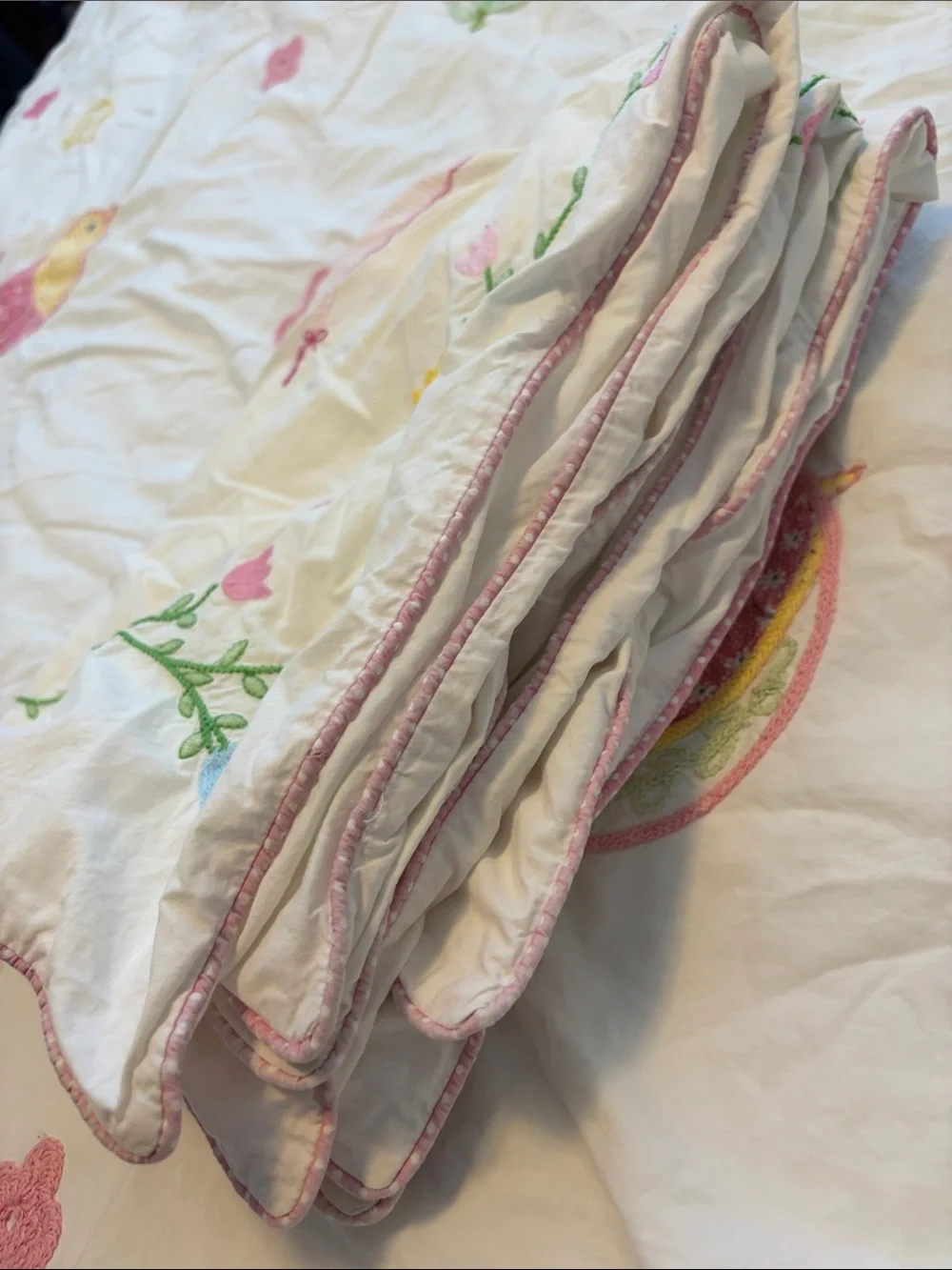Pottery Barn Kids Full/Queen White Pink Embroidered Crewel Birds Flowers Duvet